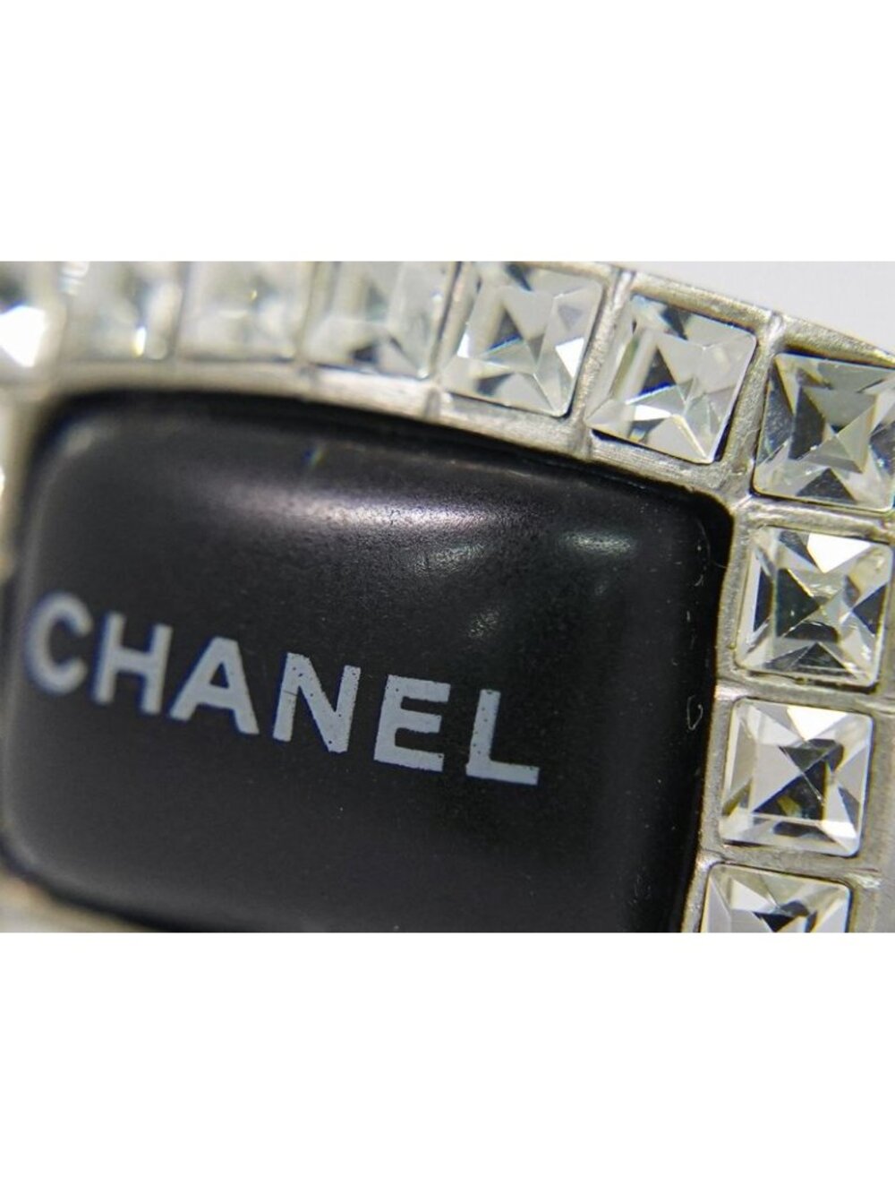 Chanel Logo Rhinestone Ring Metal Silver Black - Picture 7 of 11